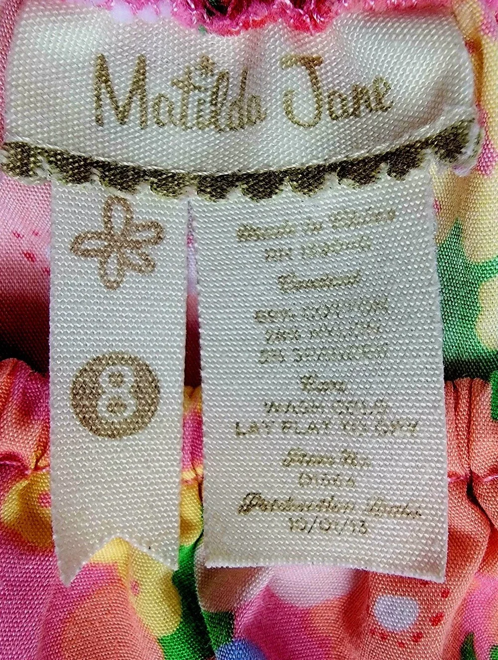 Matilda Jane Girls Pink Floral Good Luck Charm Puff Sleeves Smocked Dress Size 8